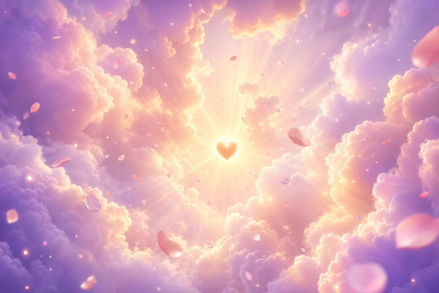 Light rays bursting through pastel clouds, with floating petals and a glowing heart at the centre